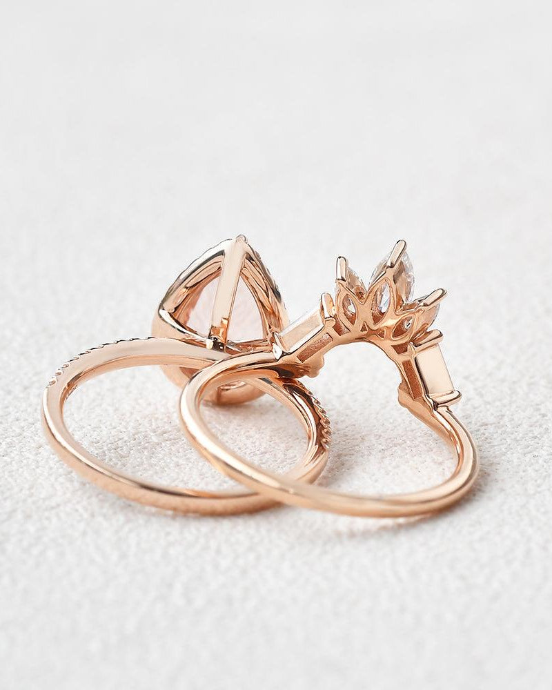 Felicegals Pear Shaped Peachy Morganite Vintage Ring Set 2pcs - Felicegals 丨Wedding ring 丨Fashion ring 丨Diamond ring 丨Gemstone ring-Rings-Felicegals 丨Wedding ring 丨Fashion ring 丨Diamond ring 丨Gemstone ring