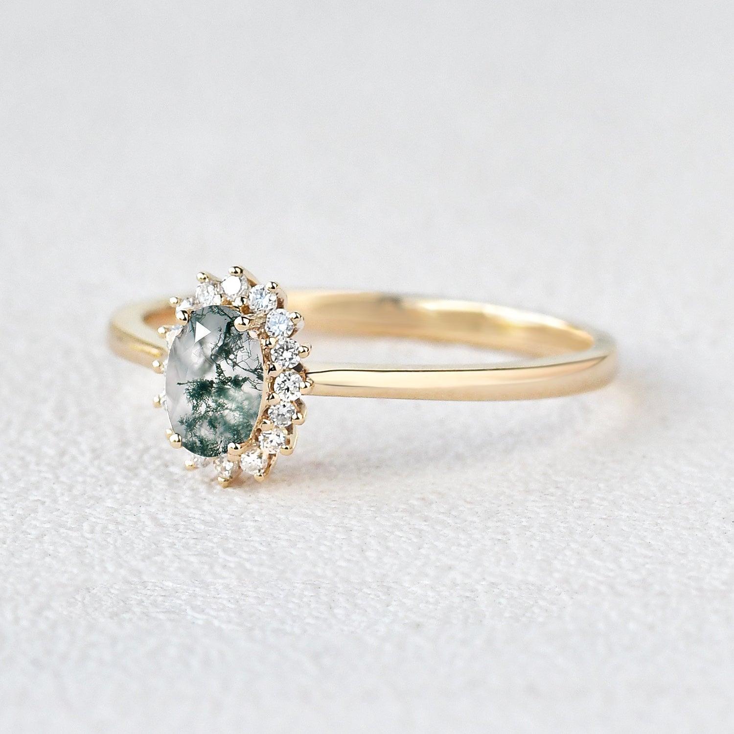 Oval Moss Agate & Moissanite White Gold Ring - Felicegals 丨Wedding ring 丨Fashion ring 丨Diamond ring 丨Gemstone ring