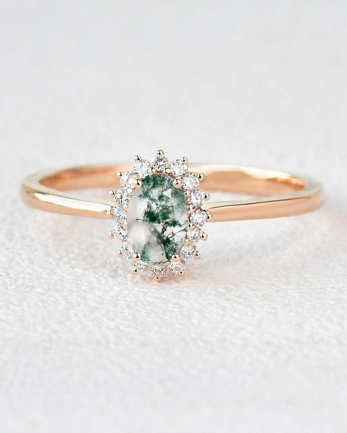 Oval Moss Agate & Moissanite White Gold Ring - Felicegals 丨Wedding ring 丨Fashion ring 丨Diamond ring 丨Gemstone ring