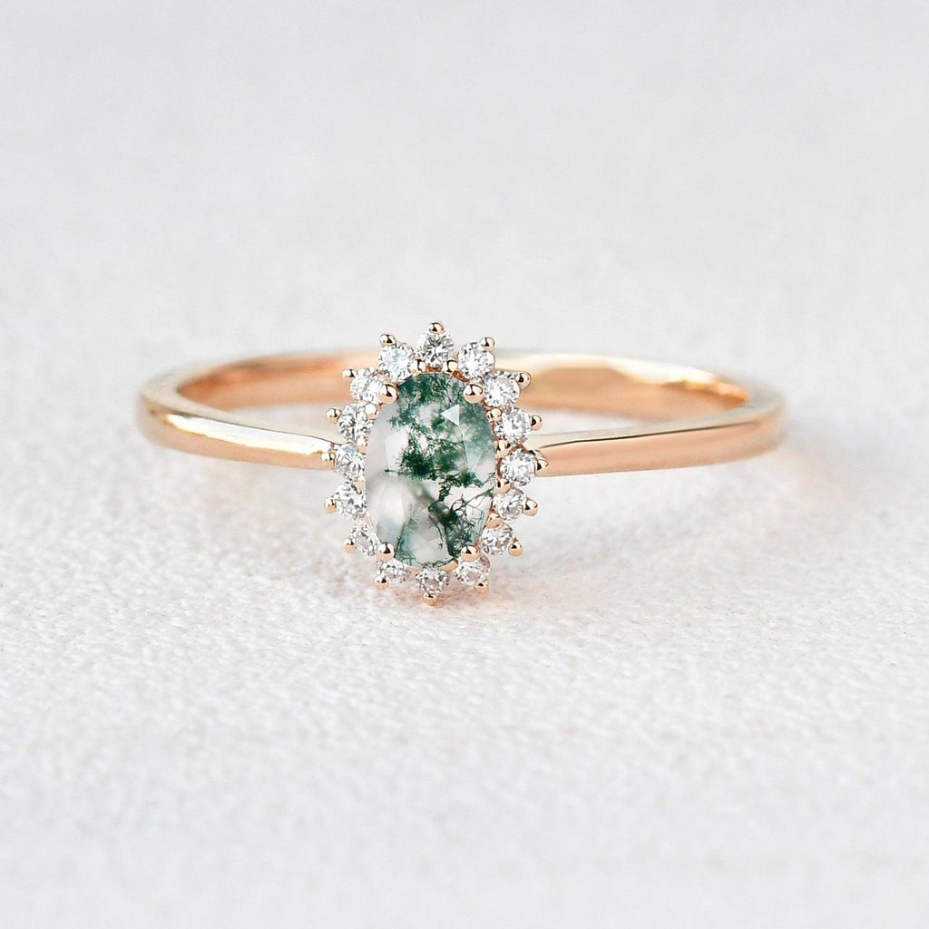 Oval Moss Agate & Moissanite White Gold Ring - Felicegals 丨Wedding ring 丨Fashion ring 丨Diamond ring 丨Gemstone ring