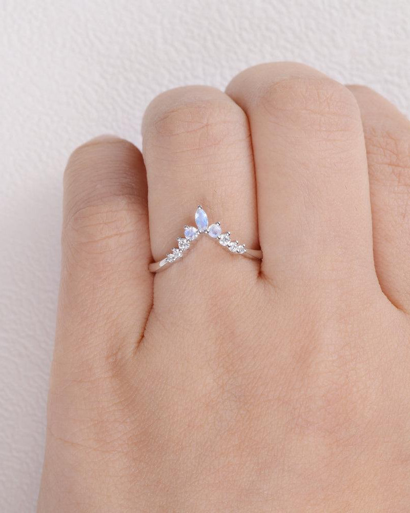 Moonstone & Moissanite Band V Shaped Ring - Felicegals