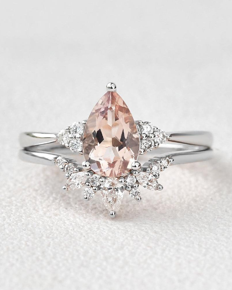 Peachy Morganite & Moissanite Ring Set 2pcs - Felicegals