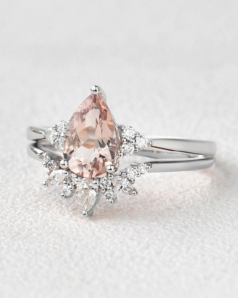 Peachy Morganite & Moissanite Ring Set 2pcs - Felicegals