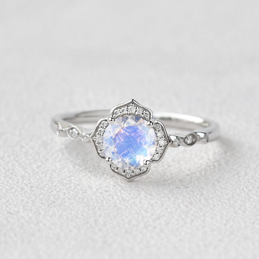 Round Cut Moonstone & Moissanite White Gold Ring - Felicegals