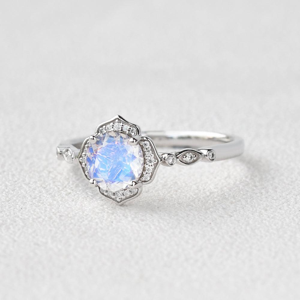 Round Cut Moonstone & Moissanite White Gold Ring - Felicegals