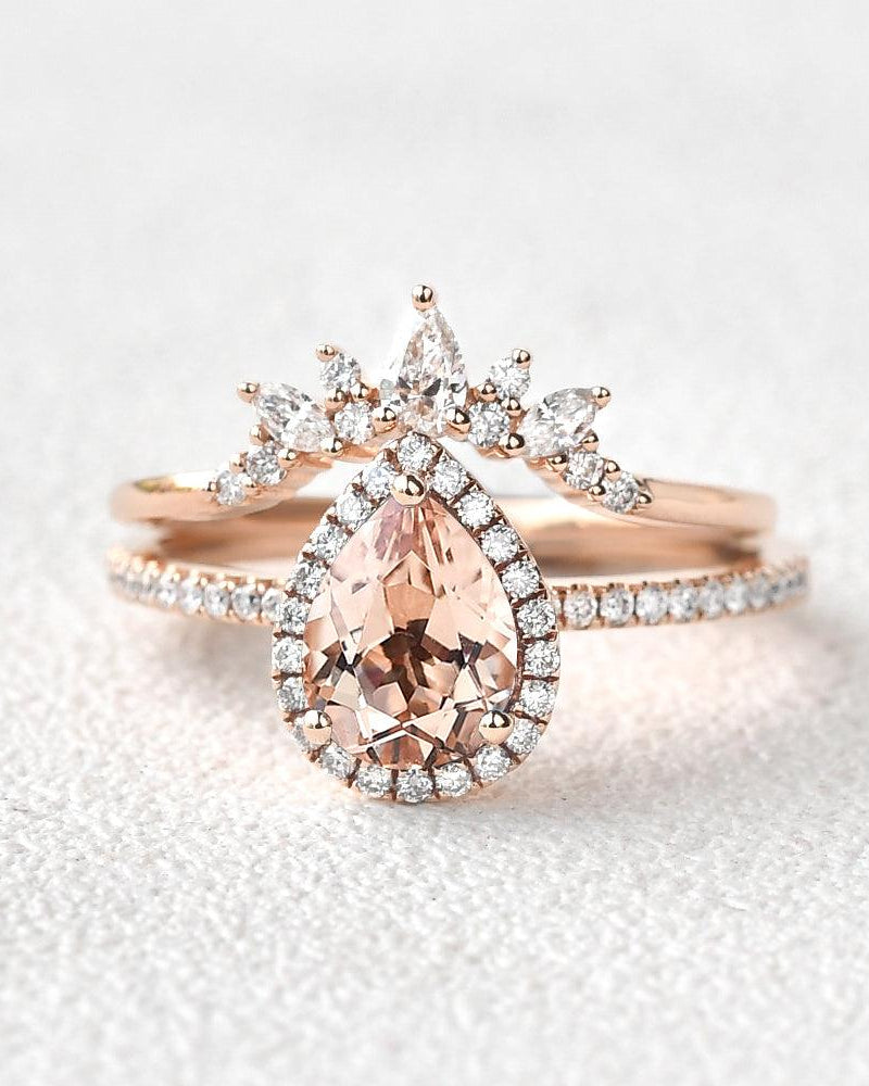 Peachy Morganite & Moissanite Ring Set 2pcs - Felicegals