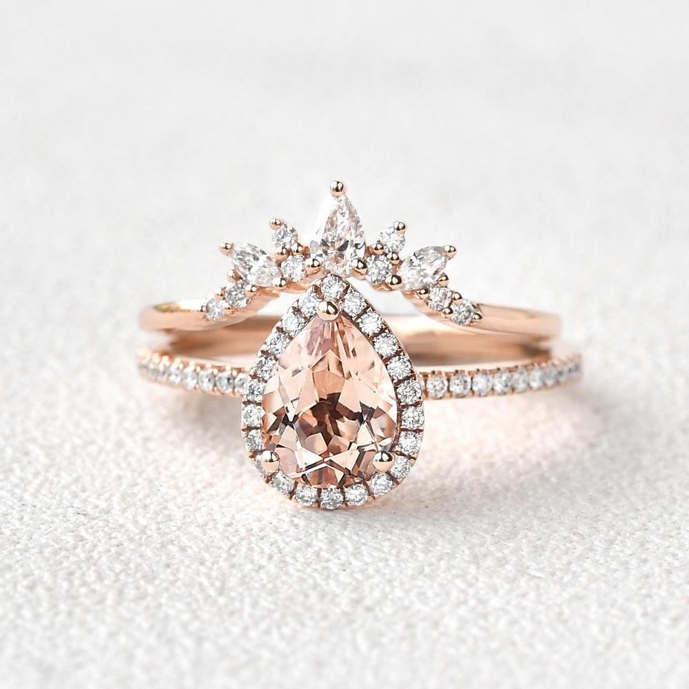 Peachy Morganite & Moissanite Ring Set 2pcs - Felicegals