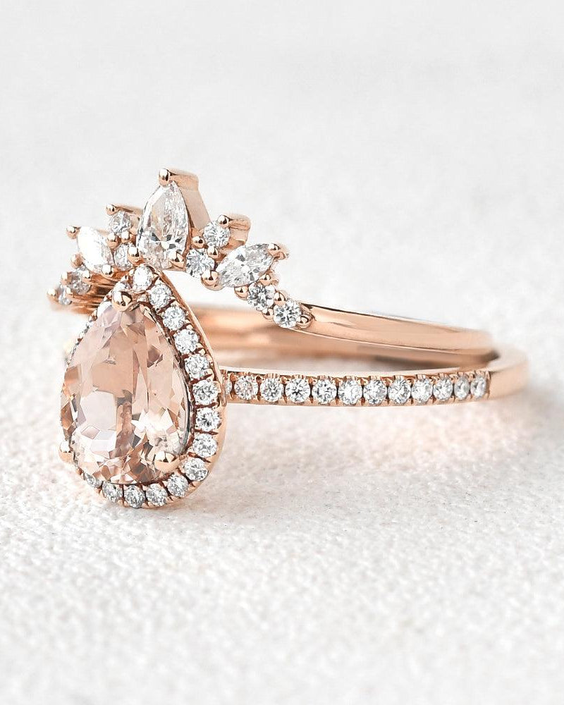 Peachy Morganite & Moissanite Ring Set 2pcs - Felicegals