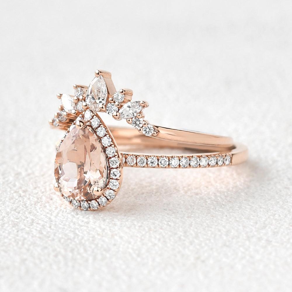 Peachy Morganite & Moissanite Ring Set 2pcs - Felicegals