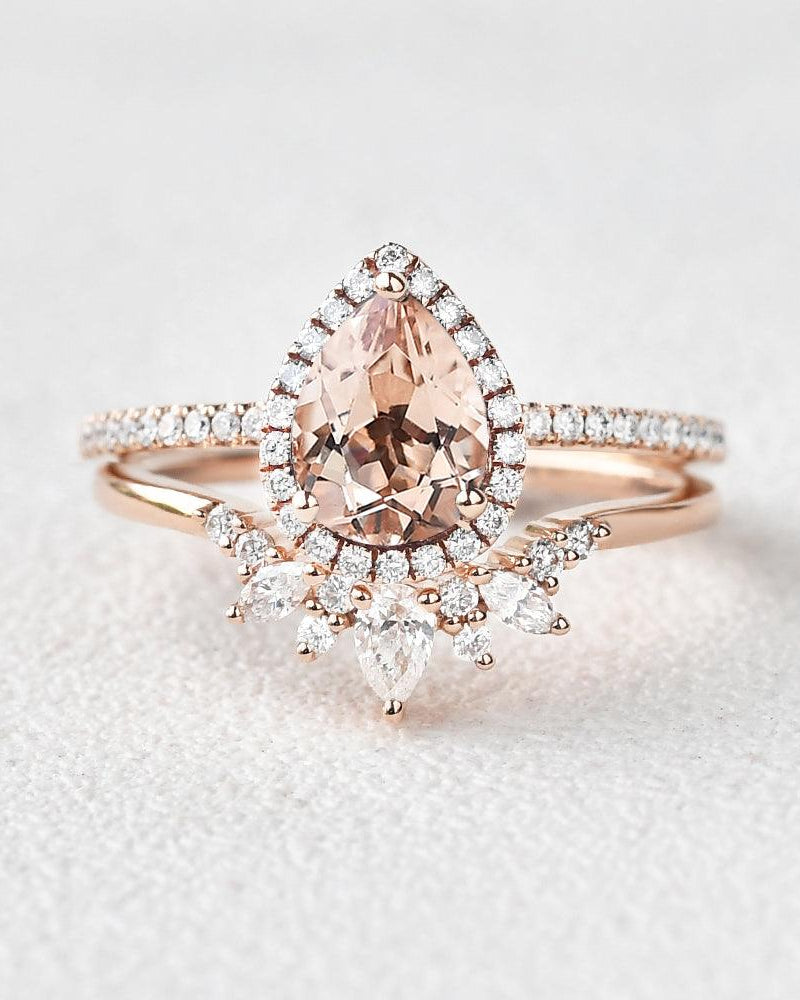 Peachy Morganite & Moissanite Ring Set 2pcs - Felicegals