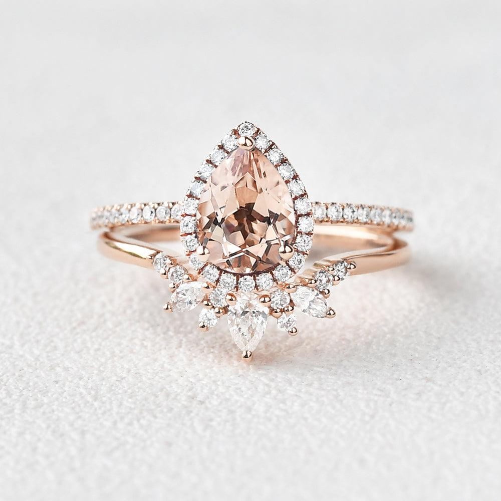 Peachy Morganite & Moissanite Ring Set 2pcs - Felicegals