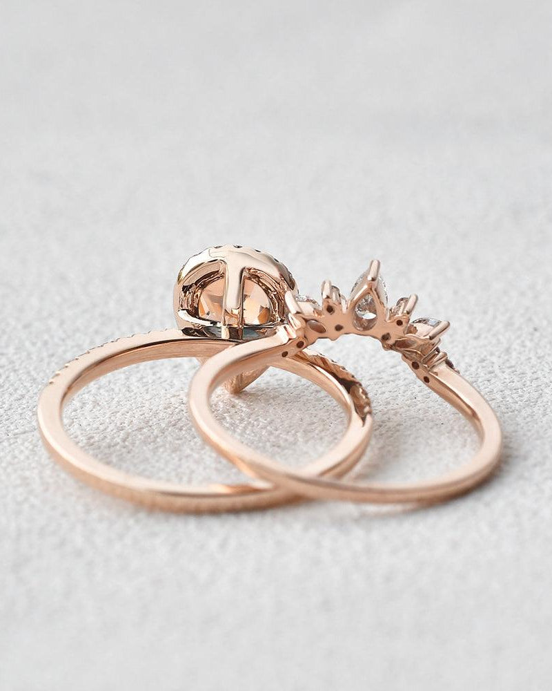 Peachy Morganite & Moissanite Ring Set 2pcs - Felicegals