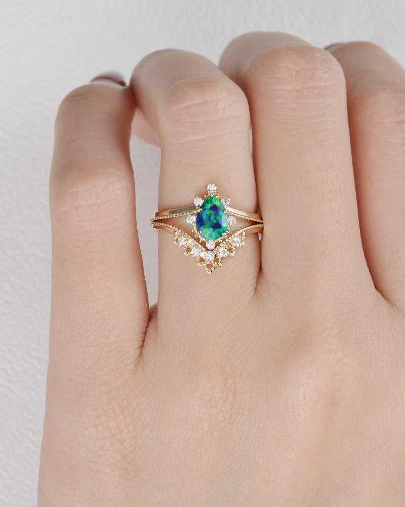 Lab Opal & Moissanite Stacking Yellow Gold Ring - Felicegals