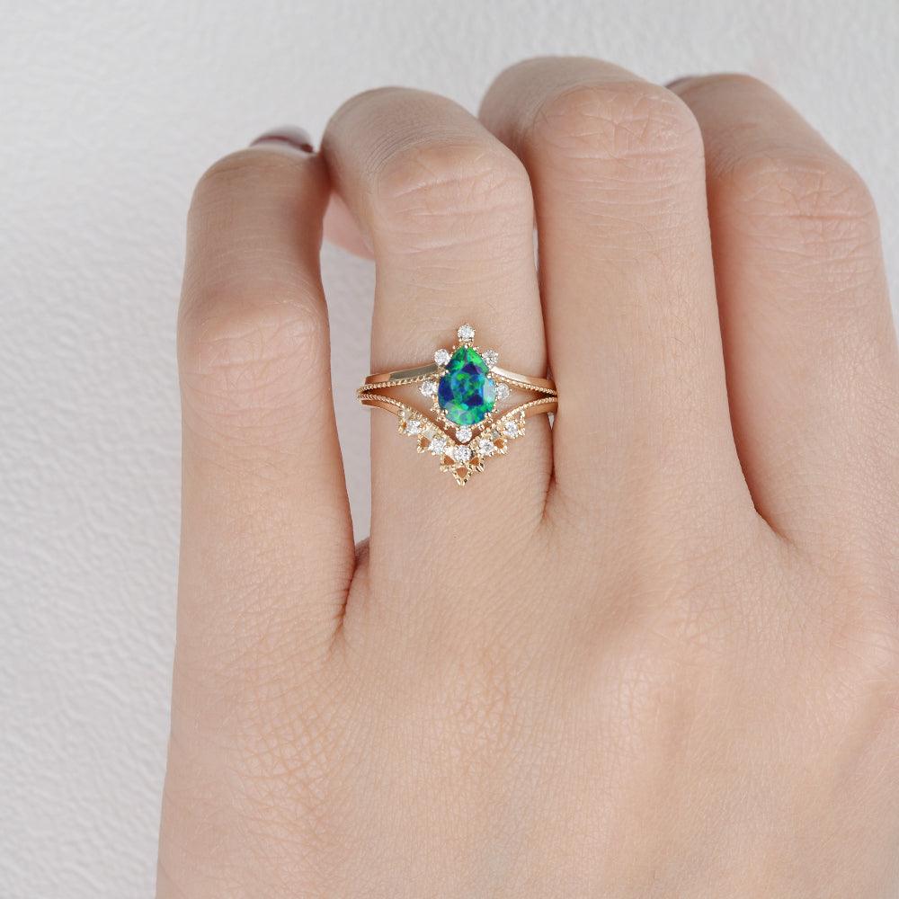Lab Opal & Moissanite Stacking Yellow Gold Ring - Felicegals