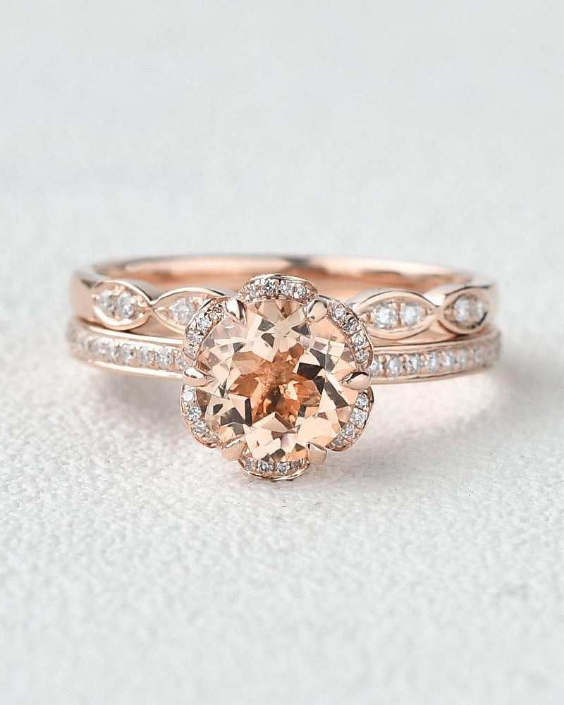 Morganite & Moissanite Wedding Ring Set 2pcs - Felicegals