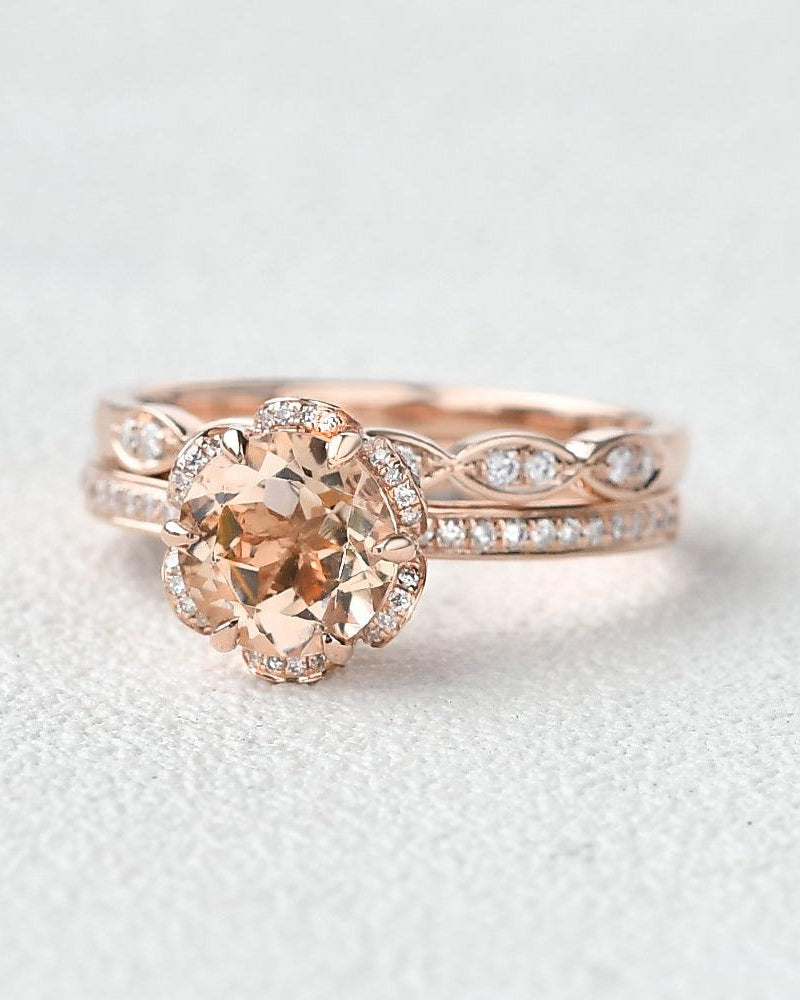 Morganite & Moissanite Wedding Ring Set 2pcs - Felicegals