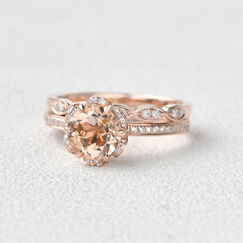 Morganite & Moissanite Wedding Ring Set 2pcs - Felicegals