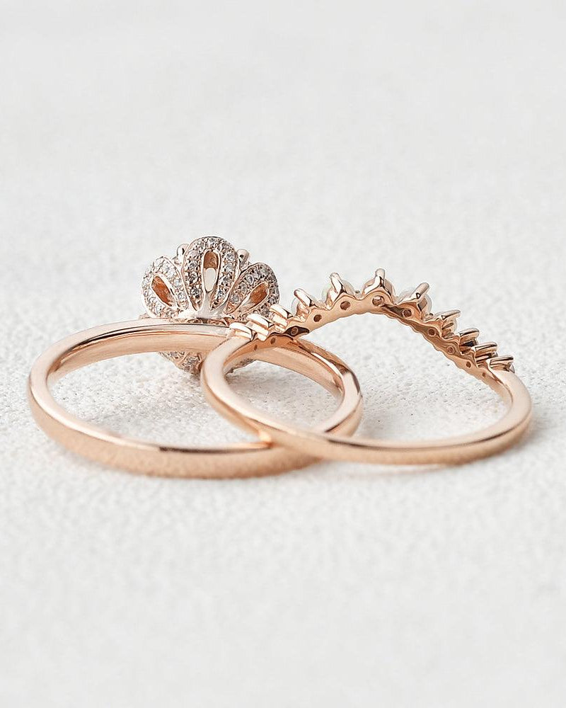 1.2ct Peachy Morganite & Natural Opal Ring Set 2pcs - Felicegals