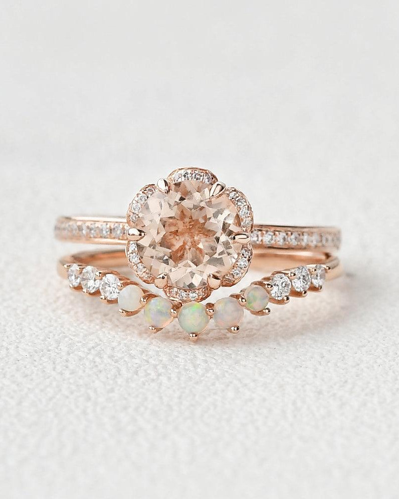 1.2ct Peachy Morganite & Natural Opal Ring Set 2pcs - Felicegals