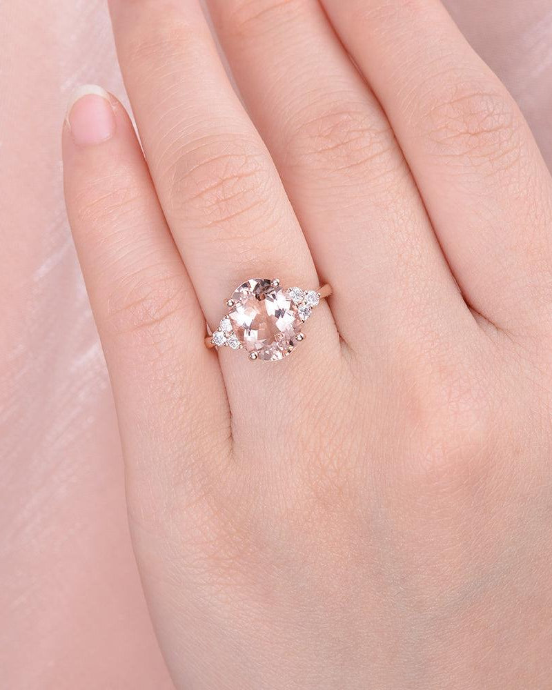 3.0ct Oval Cut Peachy Morganite Rose Gold Ring Set 2pcs - Felicegals 丨Wedding ring 丨Fashion ring 丨Diamond ring 丨Gemstone ring--Felicegals 丨Wedding ring 丨Fashion ring 丨Diamond ring 丨Gemstone ring