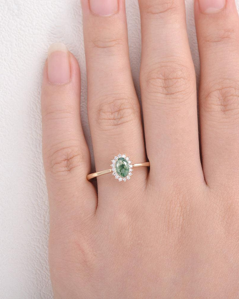 Oval Moss Agate & Moissanite White Gold Ring - Felicegals 丨Wedding ring 丨Fashion ring 丨Diamond ring 丨Gemstone ring--Felicegals