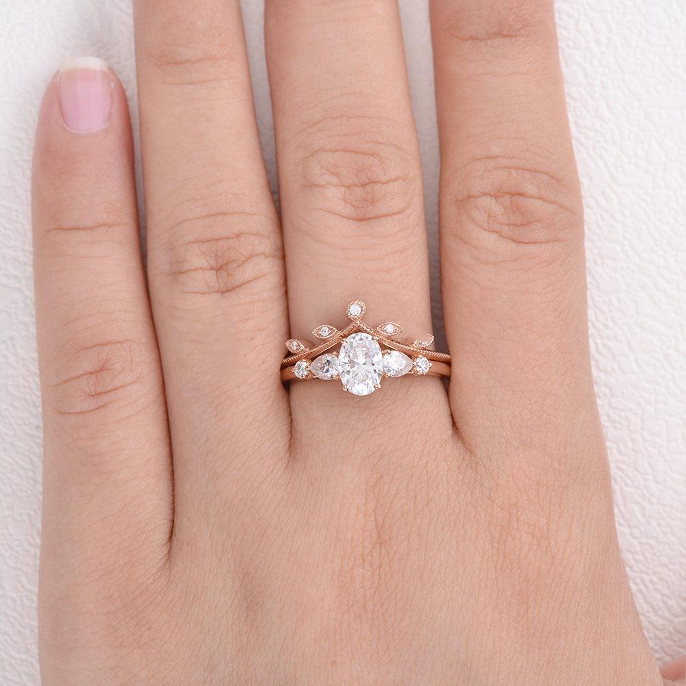 Oval & V Shaped Moissanite Rose Gold Bridal Set 2pcs Ring - Felicegals