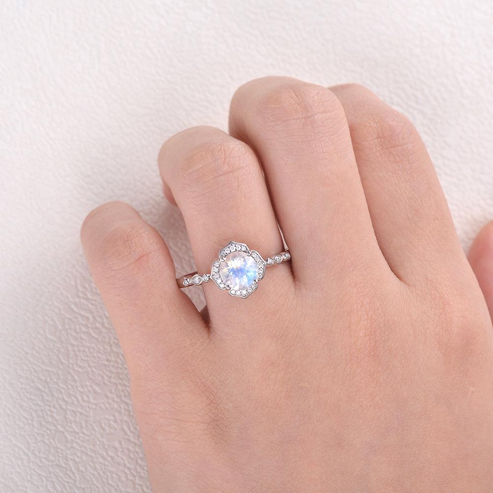 Round Cut Moonstone & Moissanite White Gold Ring - Felicegals