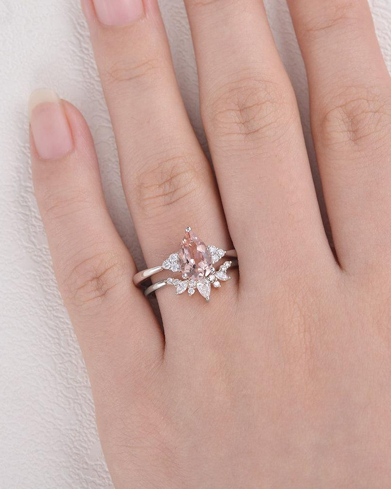 Peachy Morganite & Moissanite Ring Set 2pcs - Felicegals