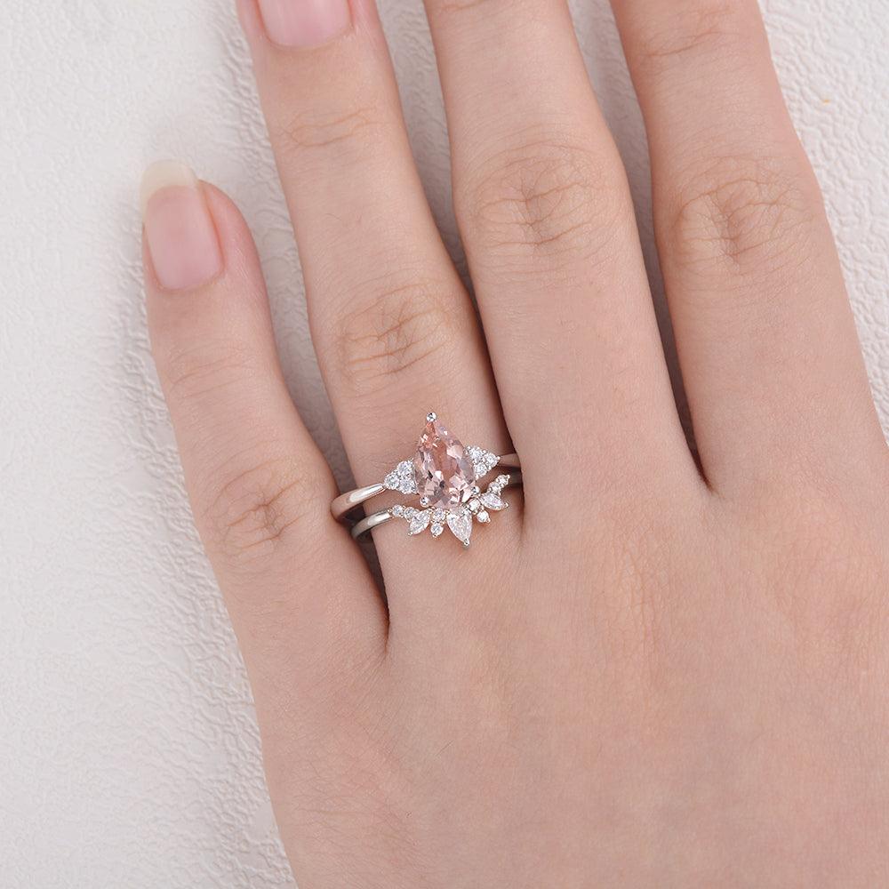 Peachy Morganite & Moissanite Ring Set 2pcs - Felicegals