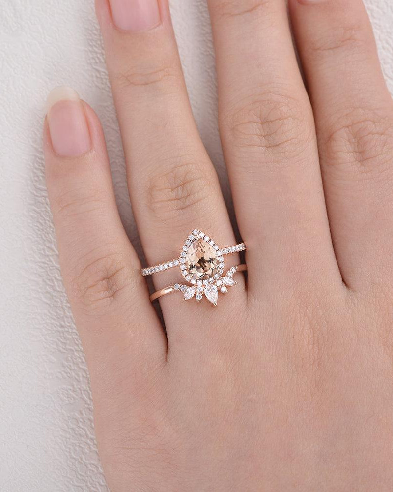 Peachy Morganite & Moissanite Ring Set 2pcs - Felicegals
