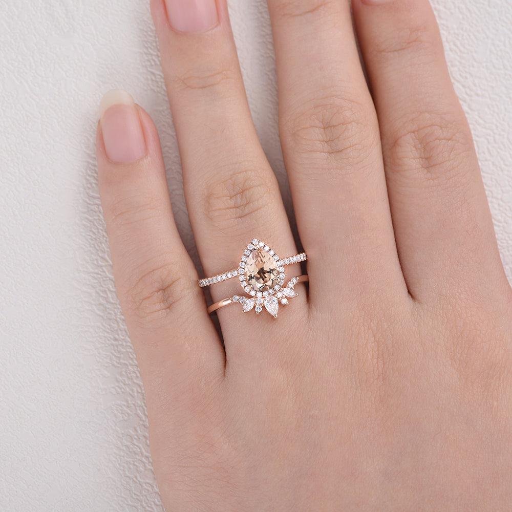 Peachy Morganite & Moissanite Ring Set 2pcs - Felicegals