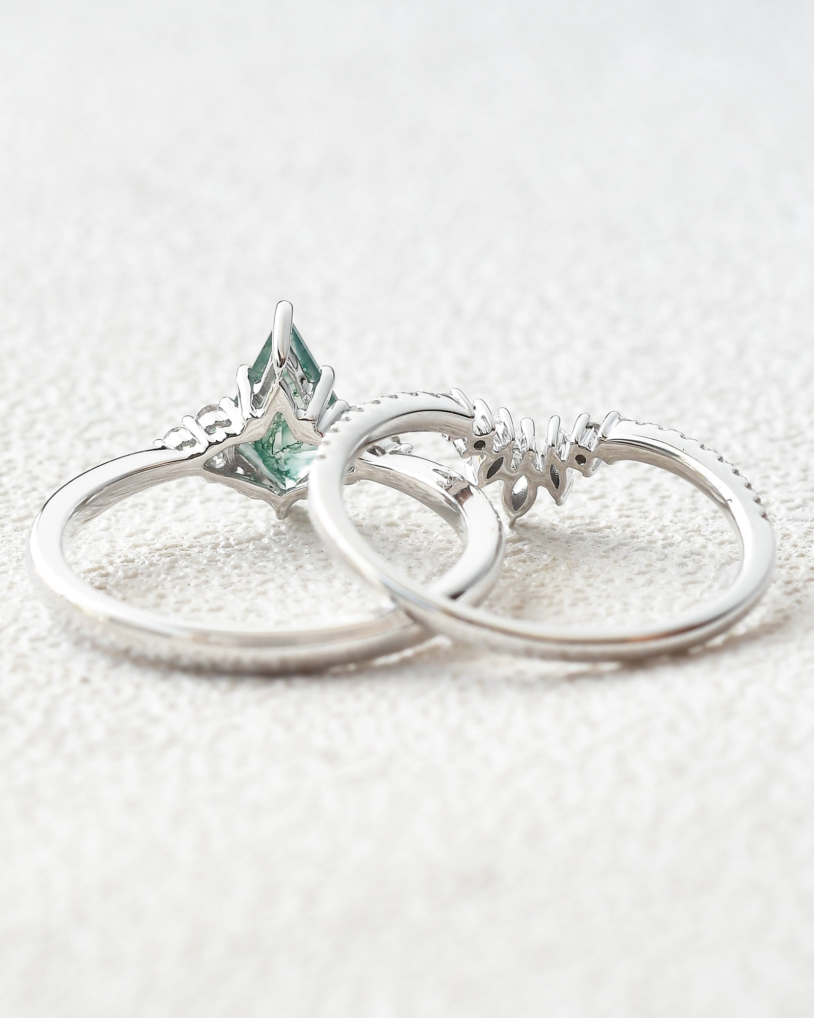 Unique Moss Agate Engagement Ring Set 2pcs - Lydia