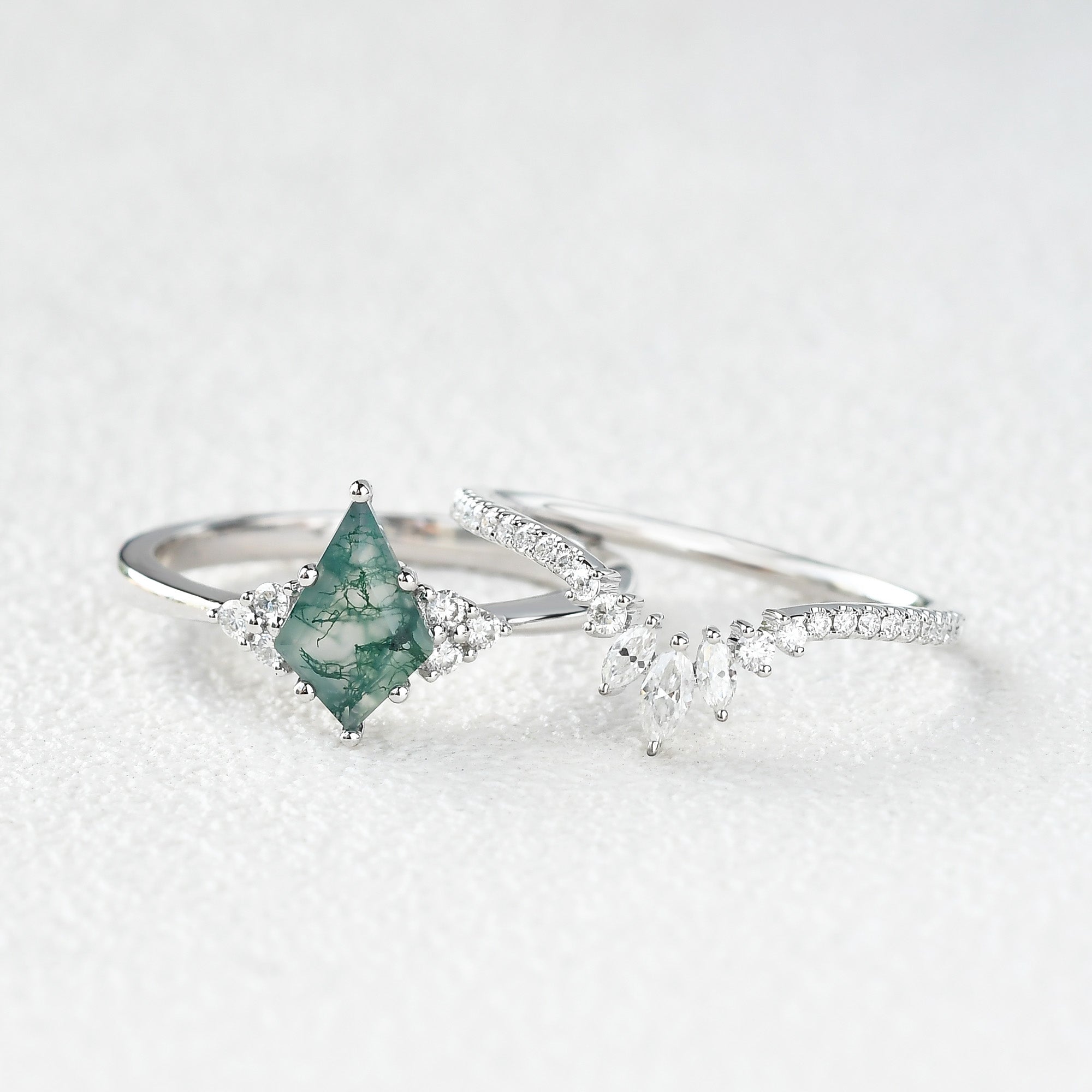 Unique Moss Agate Engagement Ring Set 2pcs - Lydia