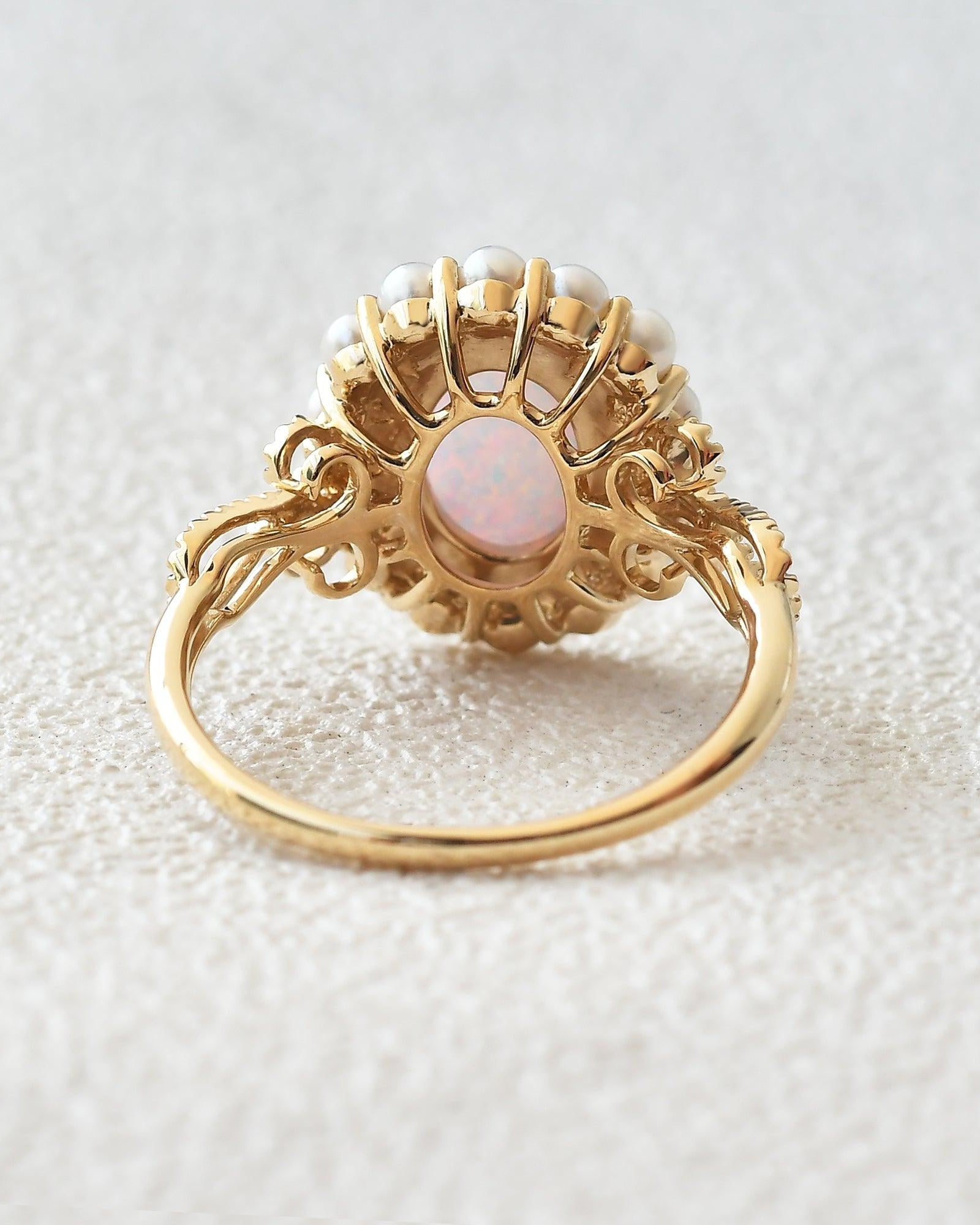 Oval Cut Lab Opal & Pearls Halo Rose Gold Ring - Felicegals 丨Wedding ring 丨Fashion ring 丨Diamond ring 丨Gemstone ring