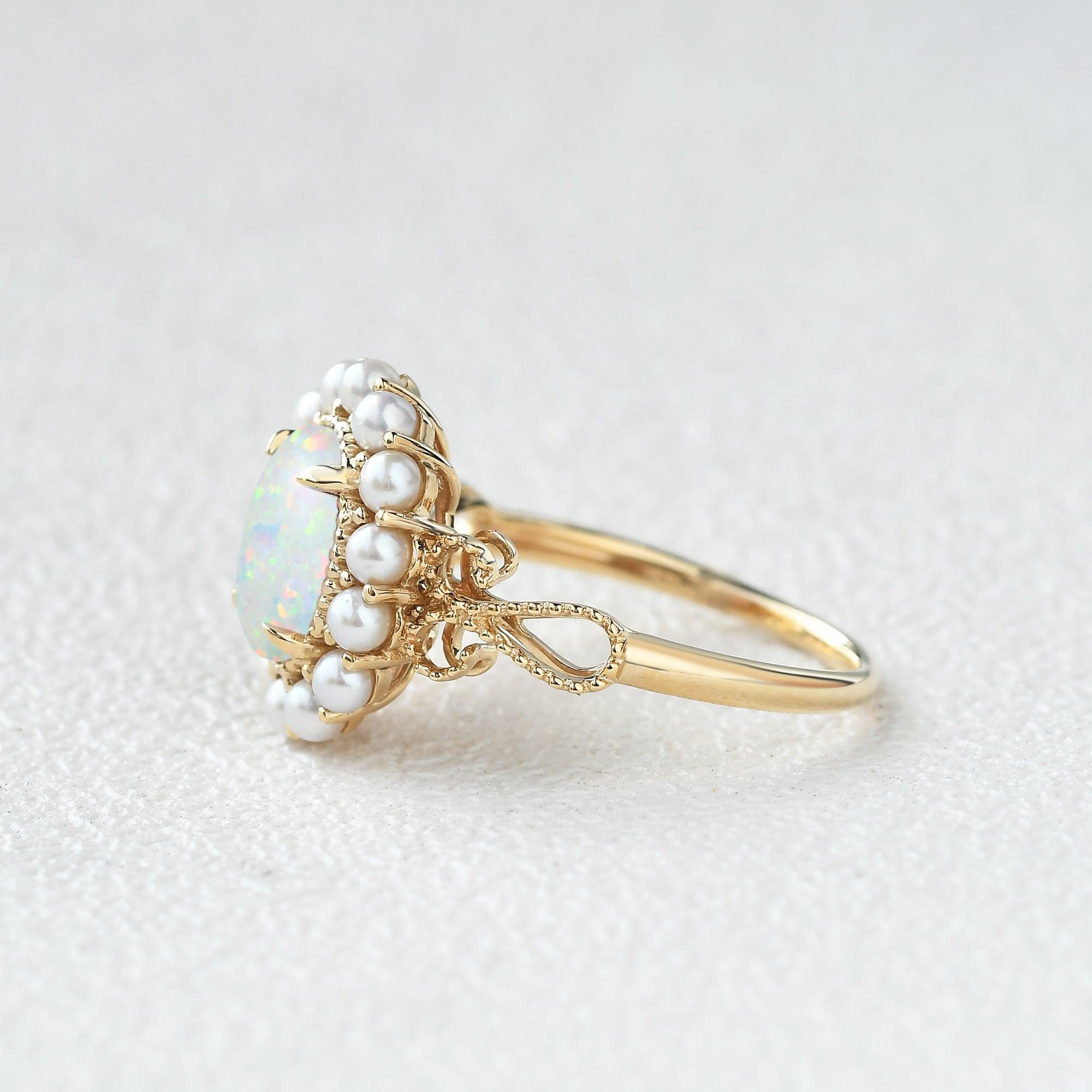 Oval Cut Lab Opal & Pearls Halo Rose Gold Ring - Felicegals 丨Wedding ring 丨Fashion ring 丨Diamond ring 丨Gemstone ring