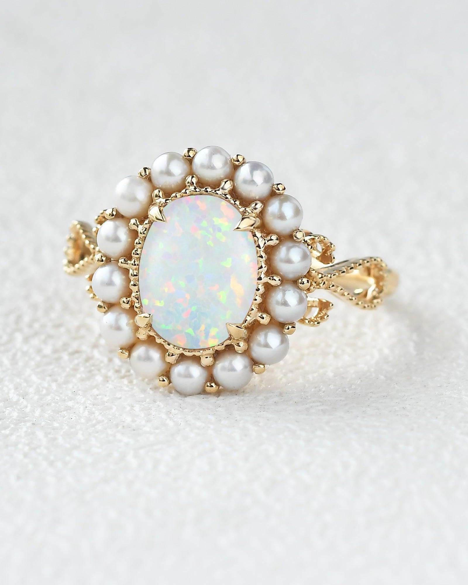 Oval Cut Lab Opal & Pearls Halo Rose Gold Ring - Felicegals 丨Wedding ring 丨Fashion ring 丨Diamond ring 丨Gemstone ring