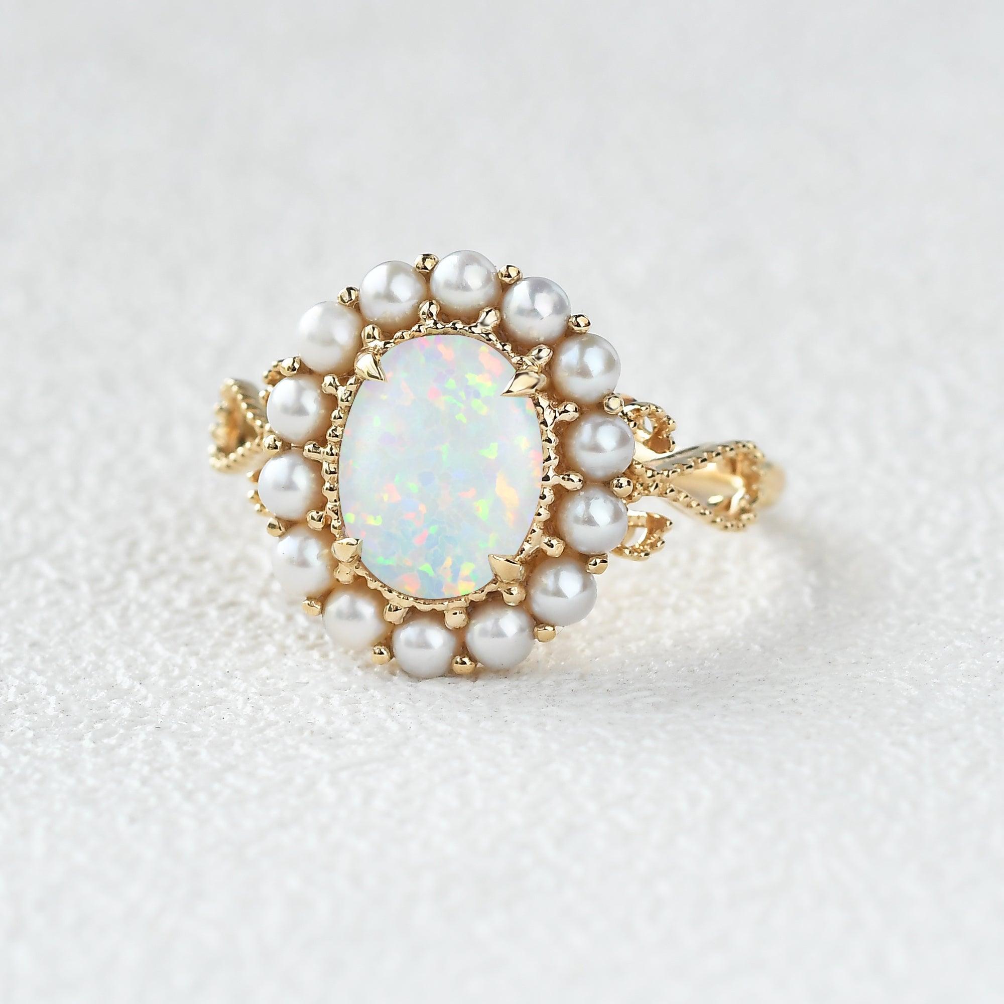 Oval Cut Lab Opal & Pearls Halo Rose Gold Ring - Felicegals 丨Wedding ring 丨Fashion ring 丨Diamond ring 丨Gemstone ring
