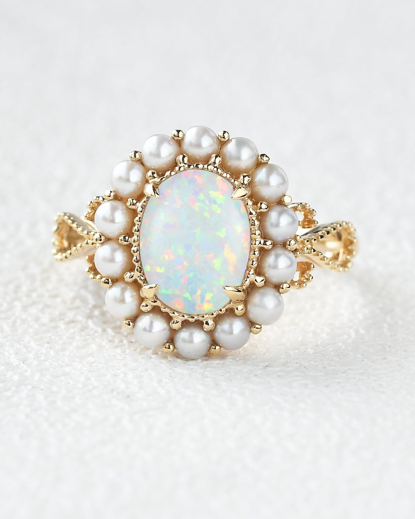 Oval Cut Lab Opal & Pearls Halo Rose Gold Ring - Felicegals 丨Wedding ring 丨Fashion ring 丨Diamond ring 丨Gemstone ring