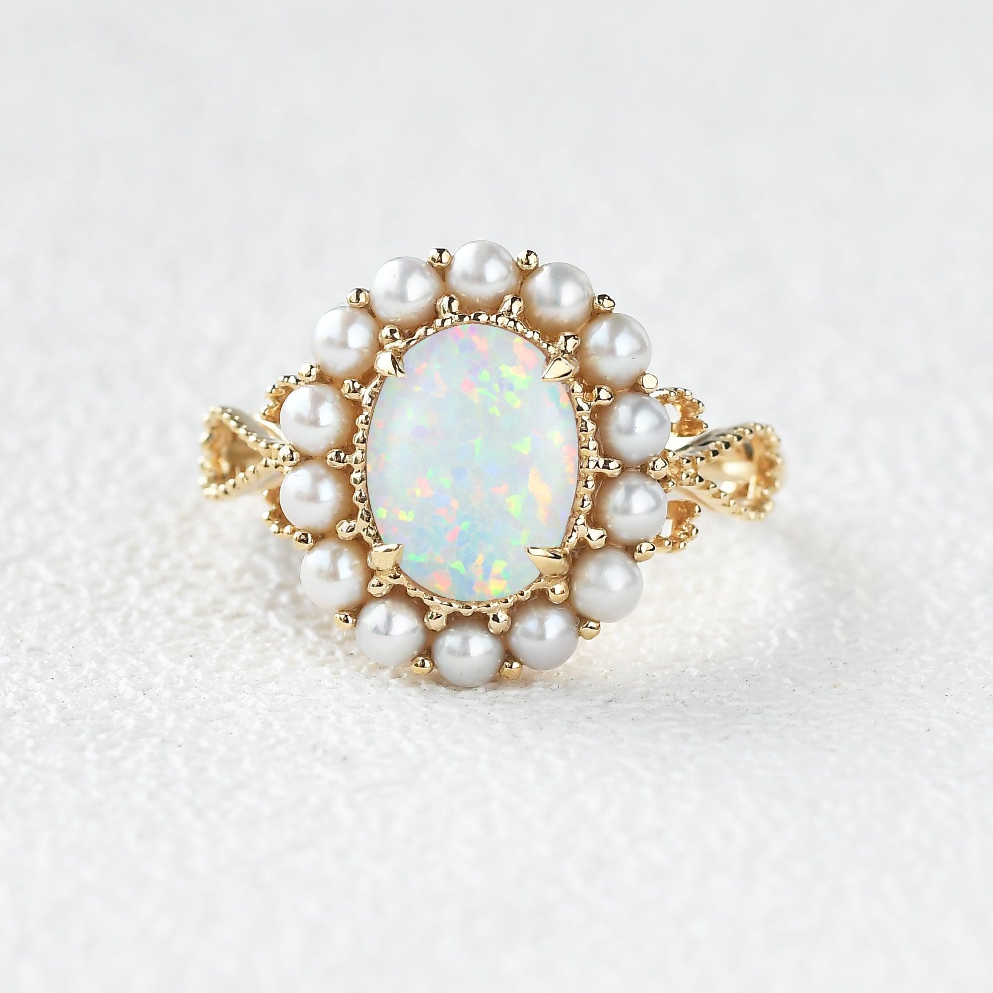Oval Cut Lab Opal & Pearls Halo Rose Gold Ring - Felicegals 丨Wedding ring 丨Fashion ring 丨Diamond ring 丨Gemstone ring