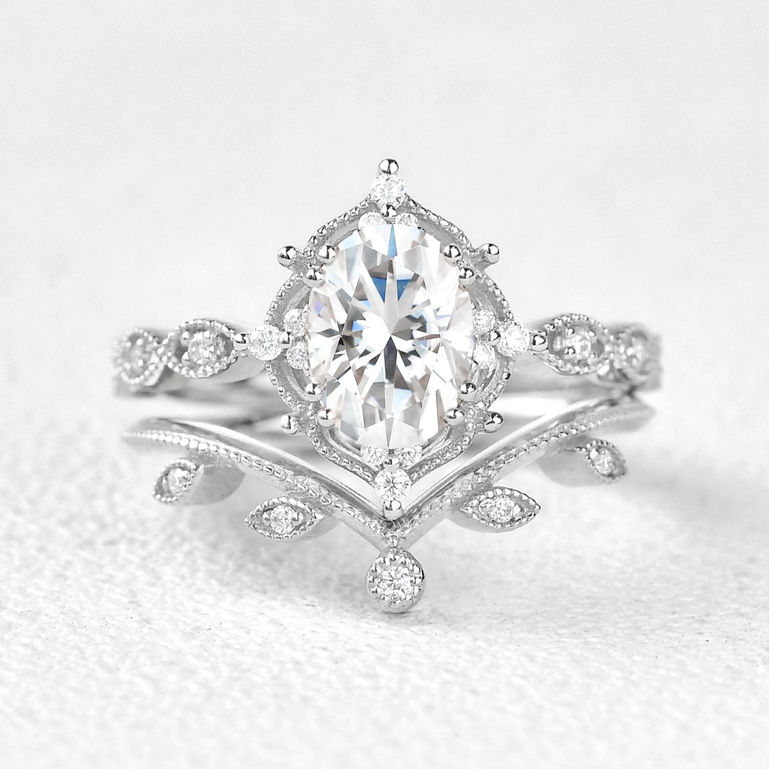 Oval Cut Moissanite Rose Gold Ring Set 2pcs - Felicegals 丨Wedding ring 丨Fashion ring 丨Diamond ring 丨Gemstone ring--Felicegals 丨Wedding ring 丨Fashion ring 丨Diamond ring 丨Gemstone ring