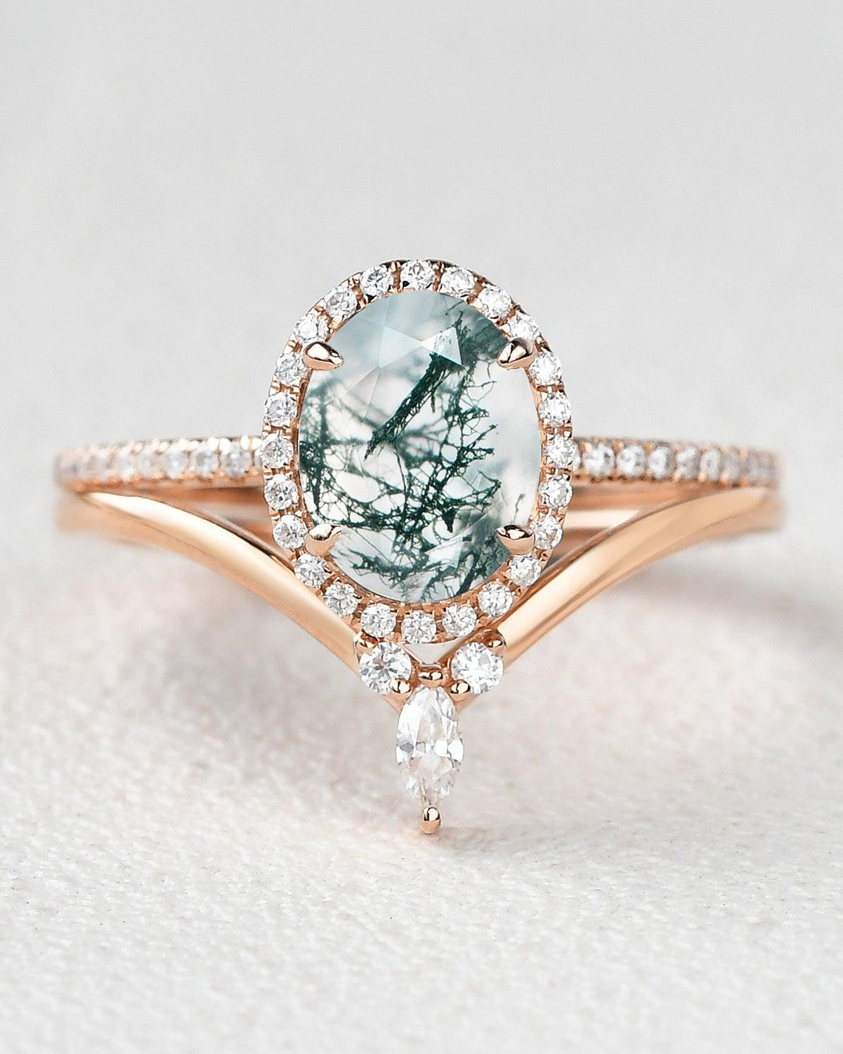 Oval Cut Moss Agate Halo Rose Gold Ring Set 2pcs - Felicegals 丨Wedding ring 丨Fashion ring 丨Diamond ring 丨Gemstone ring