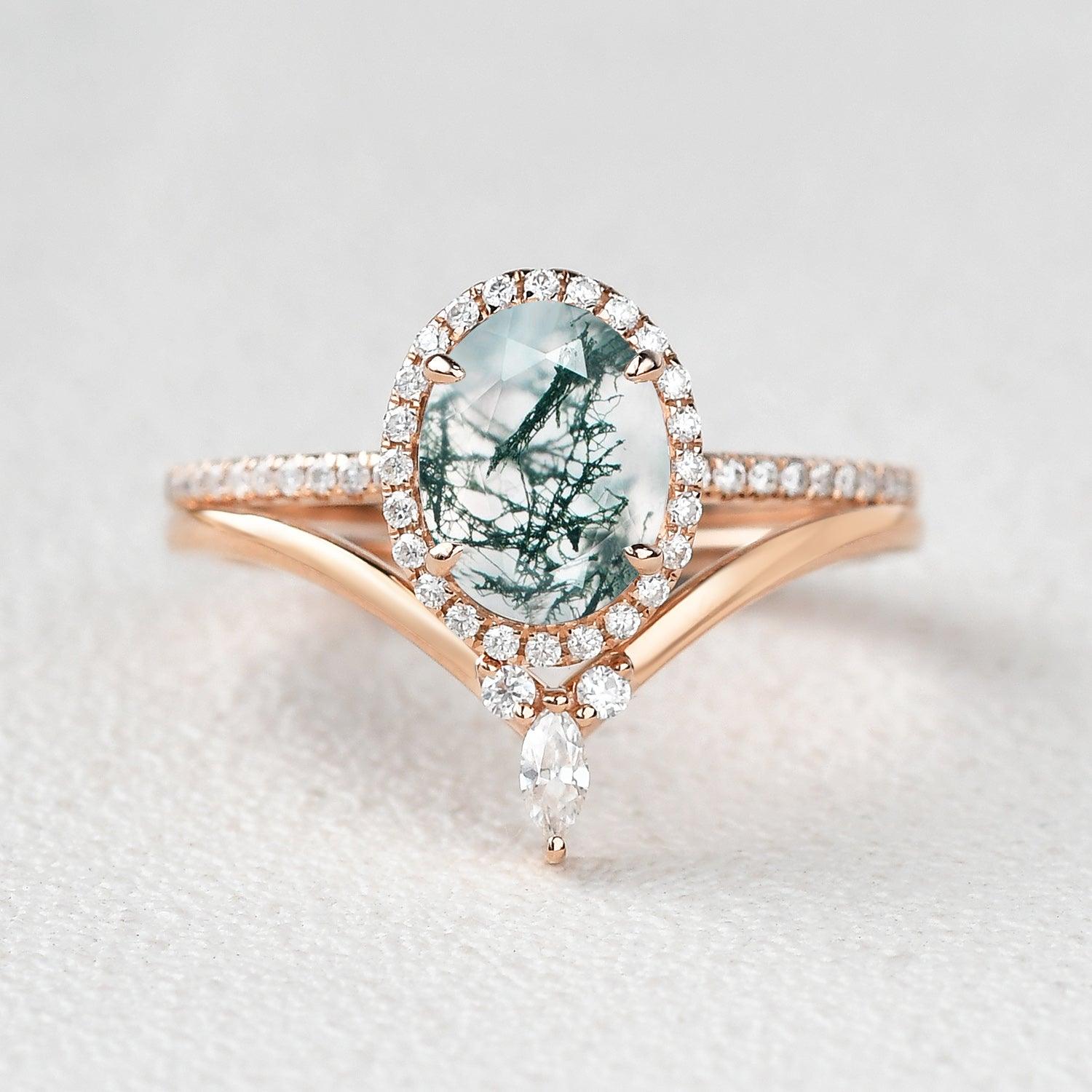 Oval Cut Moss Agate Halo Rose Gold Ring Set 2pcs - Felicegals 丨Wedding ring 丨Fashion ring 丨Diamond ring 丨Gemstone ring