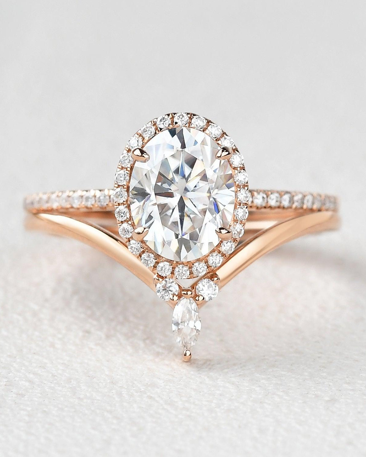 Oval Cut Moss Agate Halo Rose Gold Ring Set 2pcs - Felicegals 丨Wedding ring 丨Fashion ring 丨Diamond ring 丨Gemstone ring