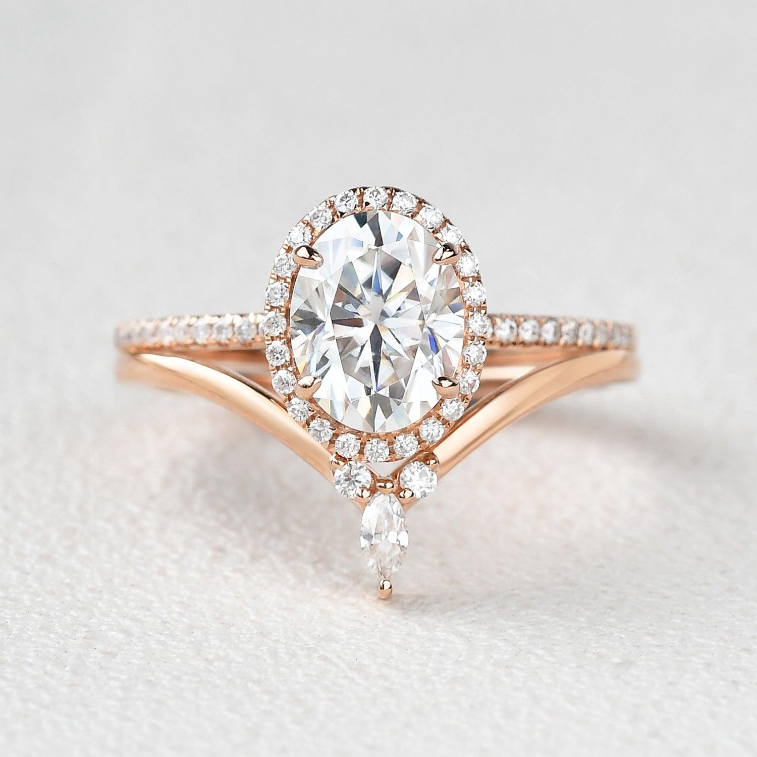 Oval Cut Moss Agate Halo Rose Gold Ring Set 2pcs - Felicegals 丨Wedding ring 丨Fashion ring 丨Diamond ring 丨Gemstone ring