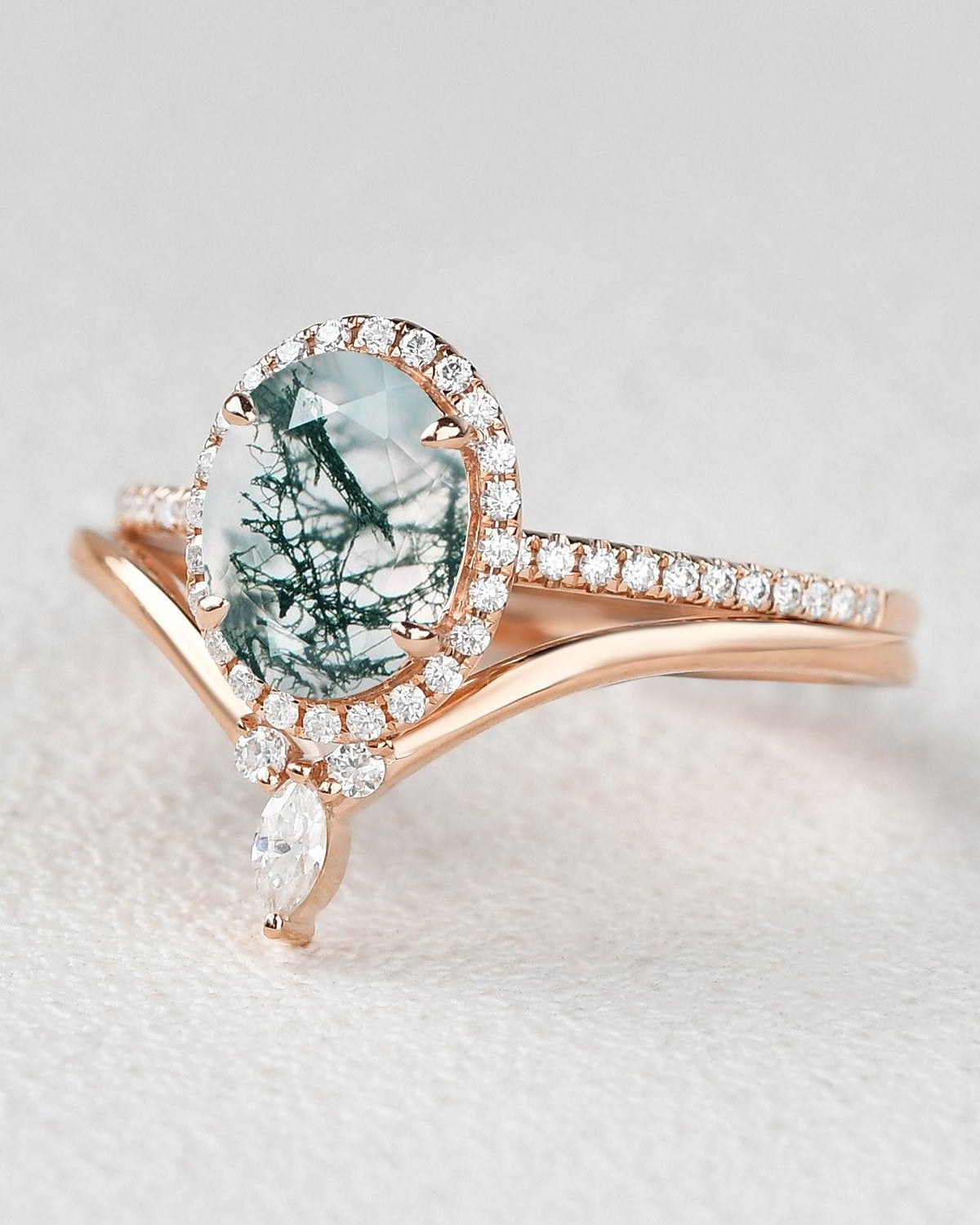 Oval Cut Moss Agate Halo Rose Gold Ring Set 2pcs - Felicegals 丨Wedding ring 丨Fashion ring 丨Diamond ring 丨Gemstone ring
