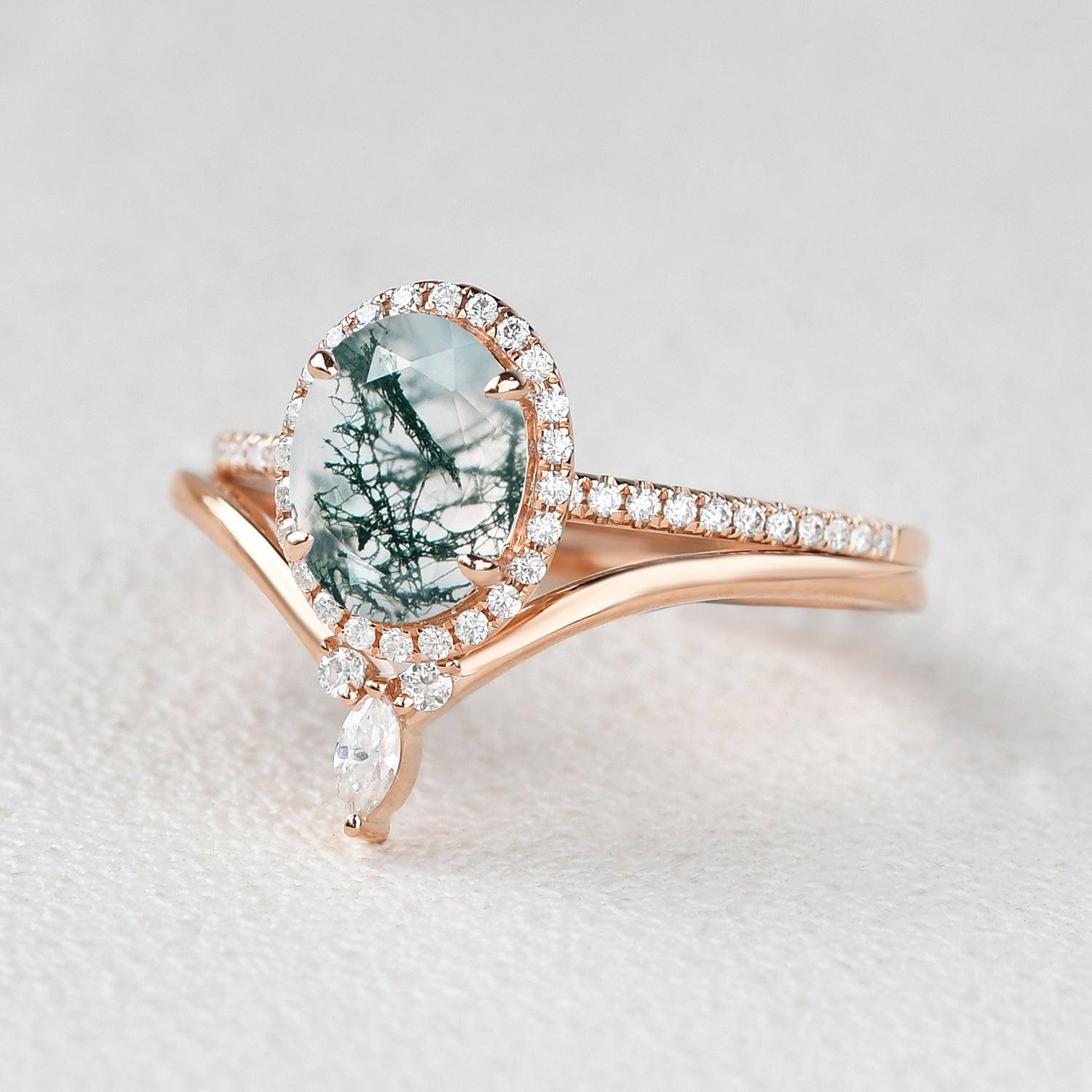 Oval Cut Moss Agate Halo Rose Gold Ring Set 2pcs - Felicegals 丨Wedding ring 丨Fashion ring 丨Diamond ring 丨Gemstone ring