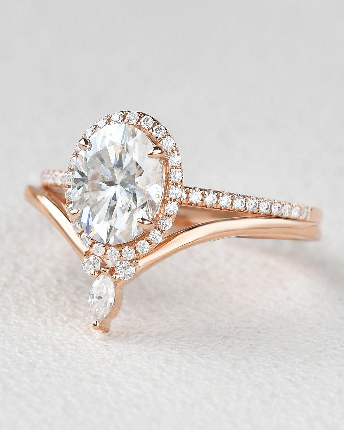 Oval Cut Moss Agate Halo Rose Gold Ring Set 2pcs - Felicegals 丨Wedding ring 丨Fashion ring 丨Diamond ring 丨Gemstone ring