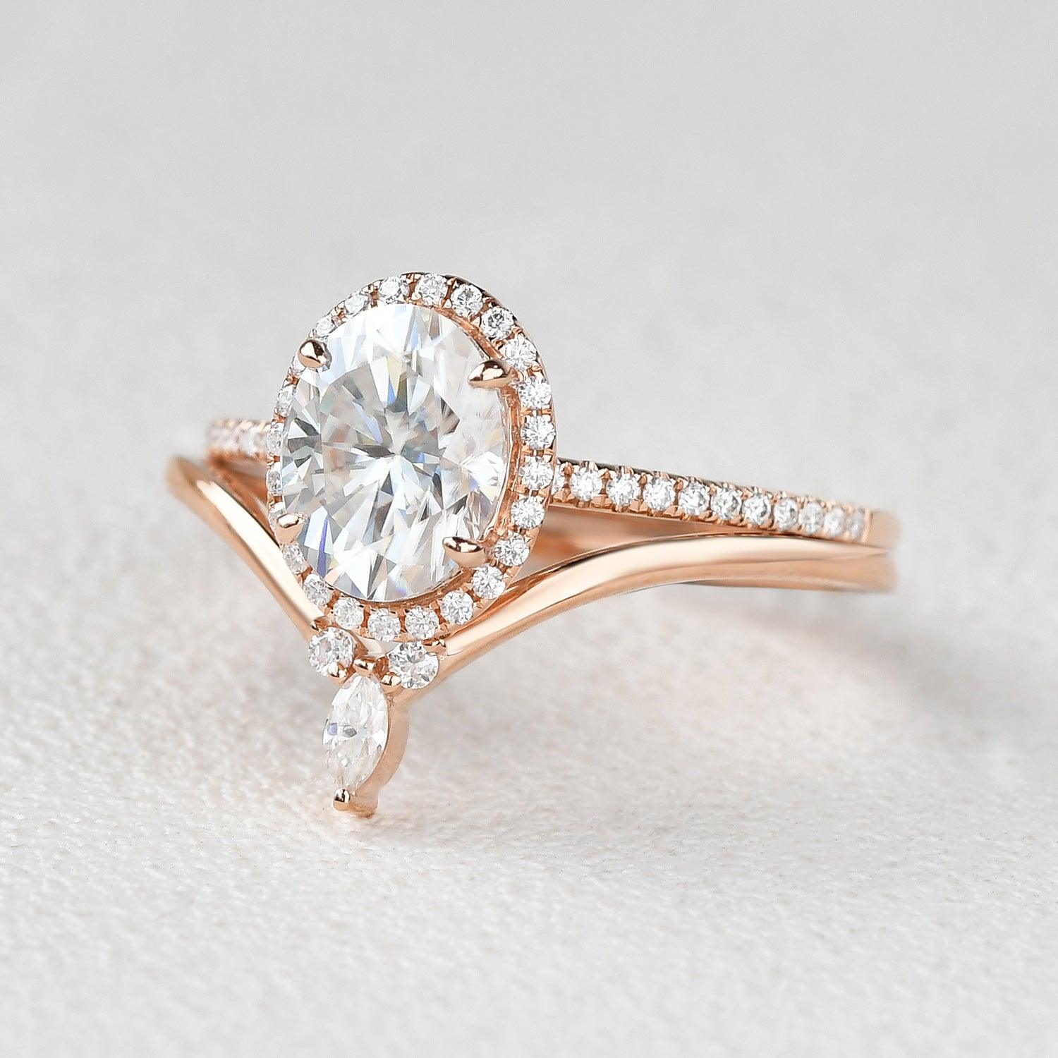 Oval Cut Moss Agate Halo Rose Gold Ring Set 2pcs - Felicegals 丨Wedding ring 丨Fashion ring 丨Diamond ring 丨Gemstone ring