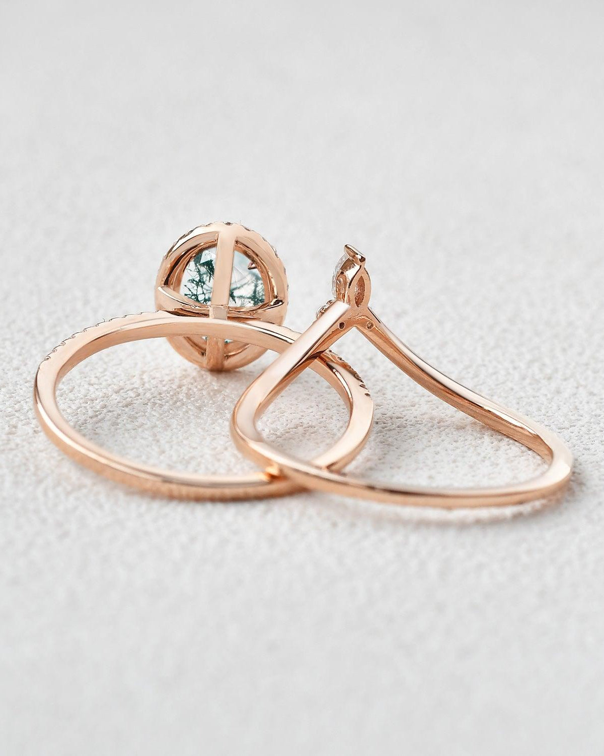 Oval Cut Moss Agate Halo Rose Gold Ring Set 2pcs - Felicegals 丨Wedding ring 丨Fashion ring 丨Diamond ring 丨Gemstone ring