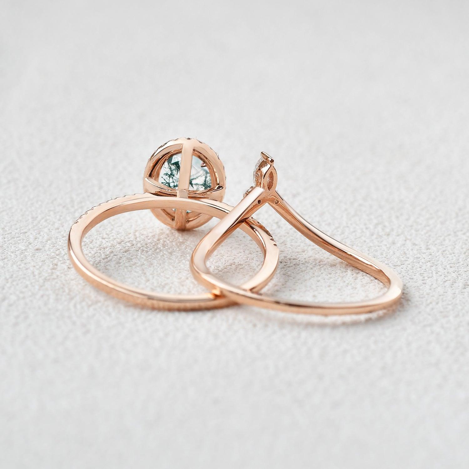 Oval Cut Moss Agate Halo Rose Gold Ring Set 2pcs - Felicegals 丨Wedding ring 丨Fashion ring 丨Diamond ring 丨Gemstone ring